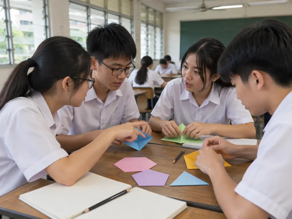 中学生分组用彩色纸折出多边形，边讨论边学习数学（示意图）