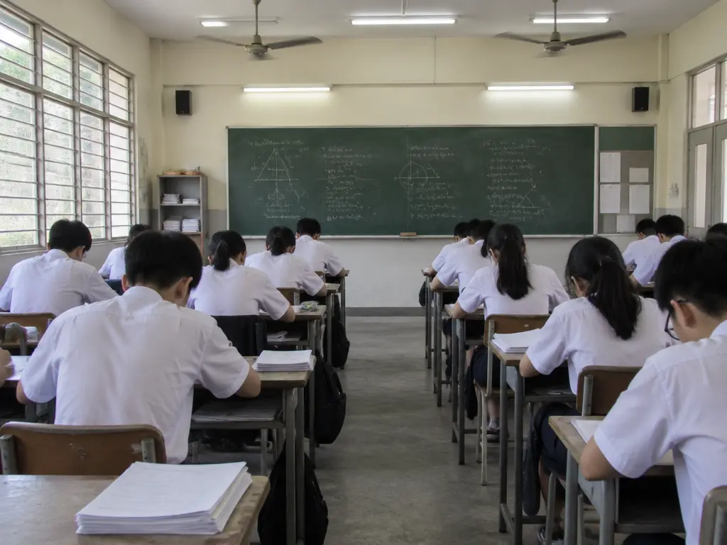 学生排排坐、低头抄写黑板公式的传统数学课堂（示意图）