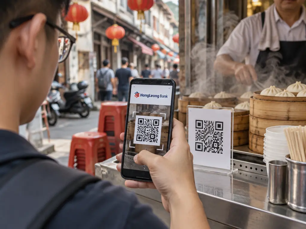 示意图:游客在中国街边小吃摊用手机扫描二维码付款,手机画面显示丰隆银行标志