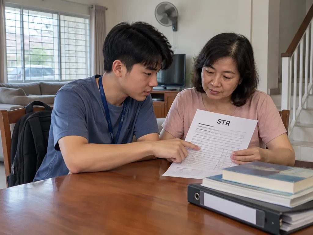 示意图:全职大学生与母亲在家中一起看STR家庭申请表格,把子女名字列入表内