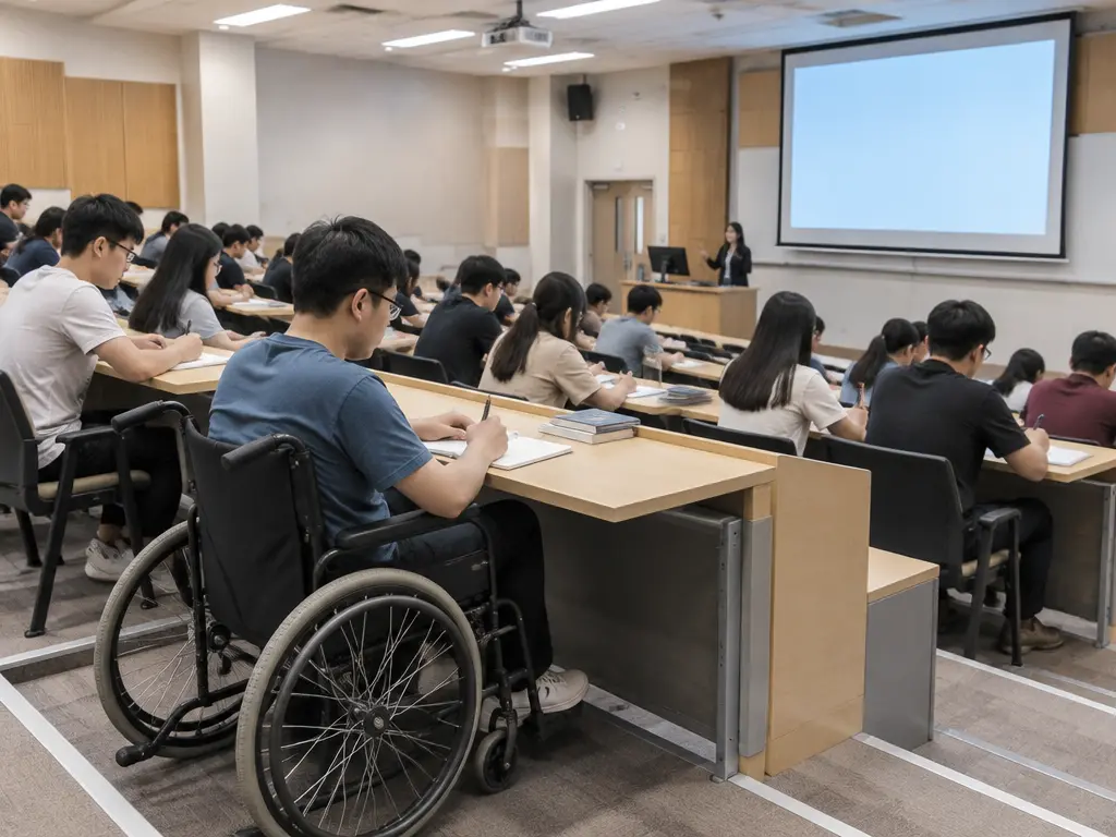 示意图:大学讲堂里全职就读的学生上课,前景有一名轮椅学生