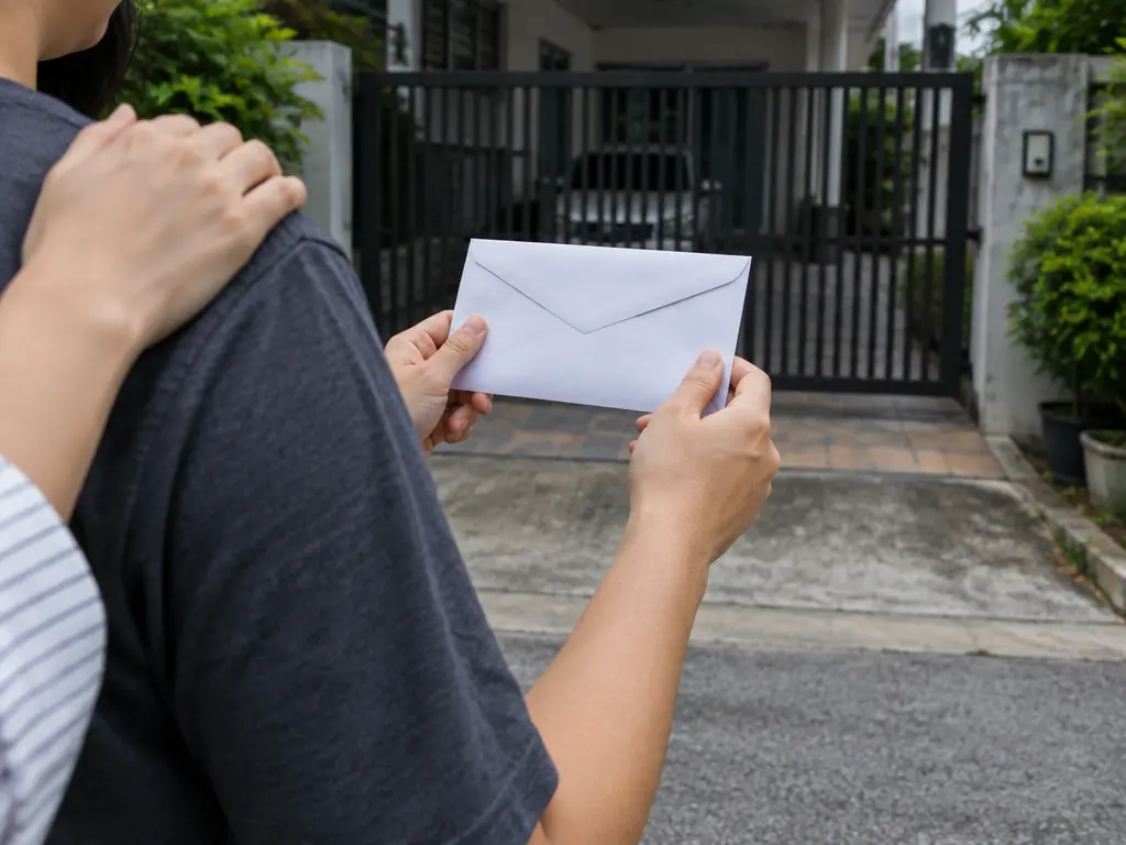 示意图:家属双手握着装有请愿信的白色信封,在住宅铁门外等待