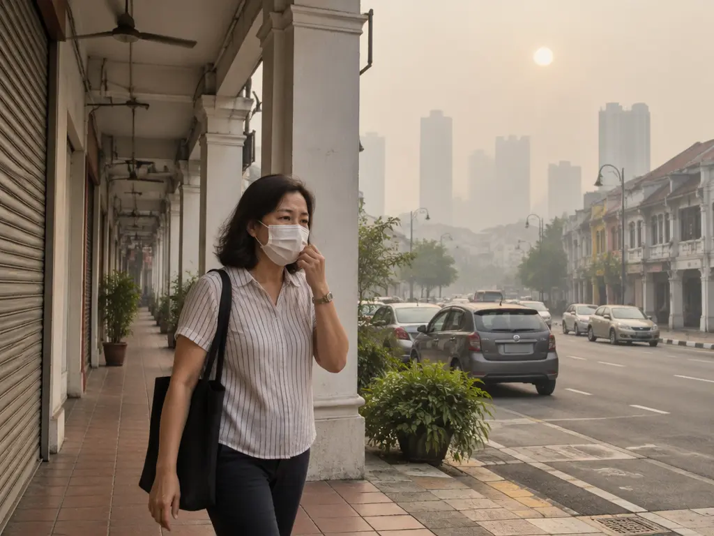 示意图:烟霾笼罩市区,戴口罩的民众走在店屋五脚基,远处高楼几乎看不清
