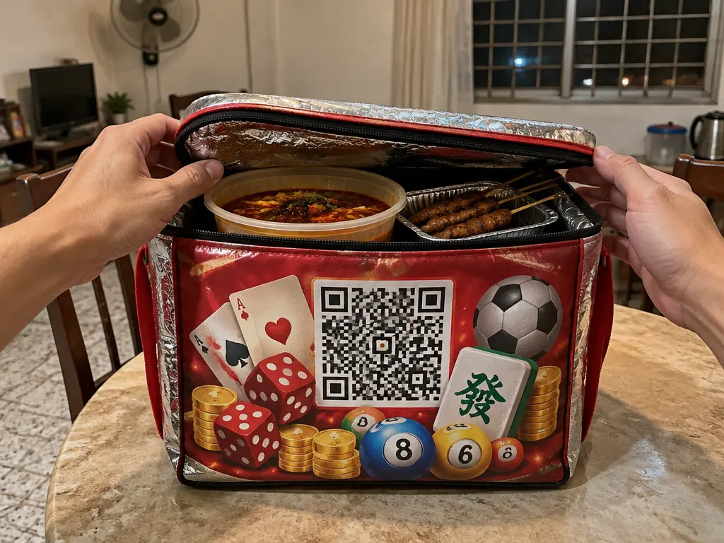 外卖保温袋上印着赌博图案与大型二维码,袋内是麻辣烫和烧烤(示意图)