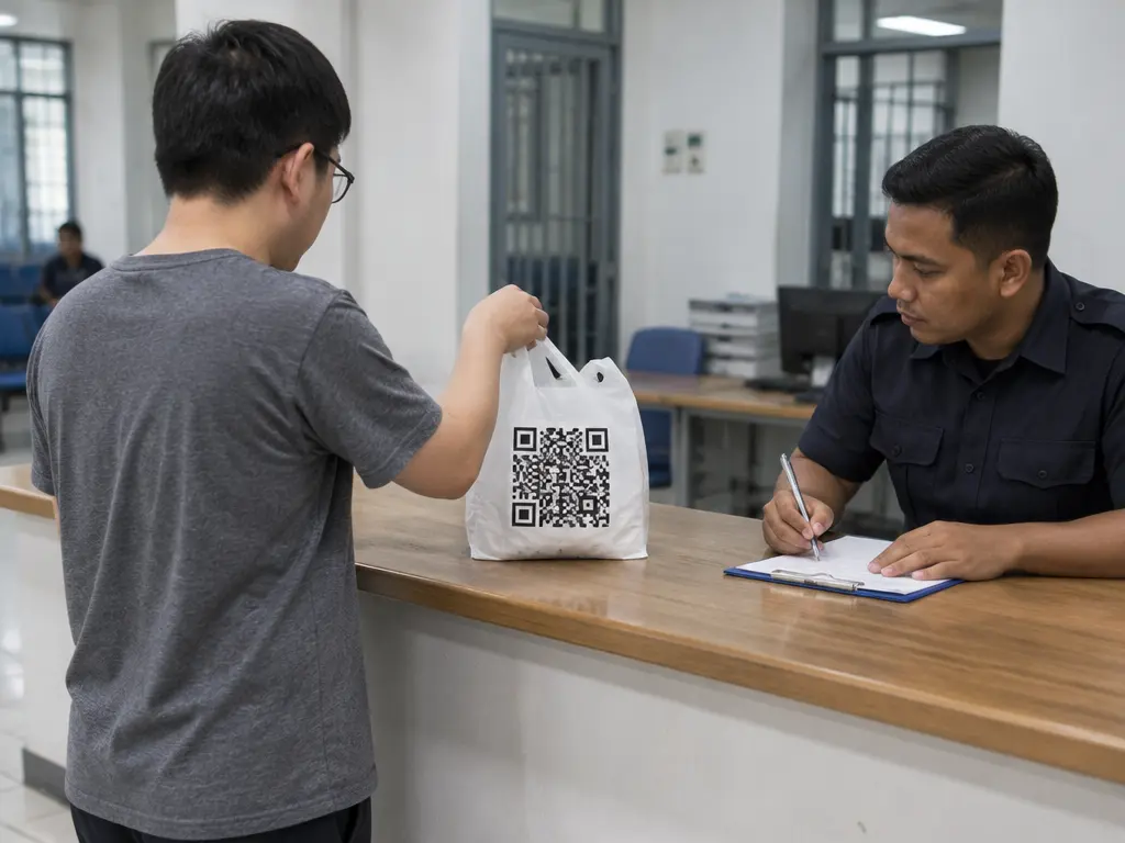 男子把印有二维码的外卖塑料袋带到警局柜台报案(示意图)