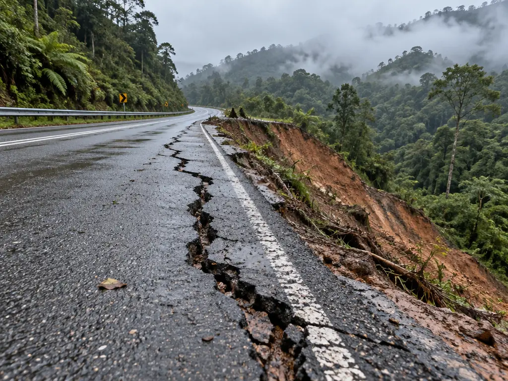 示意图:山区公路因土崩出现一道长裂缝,路旁山坡泥土滑落