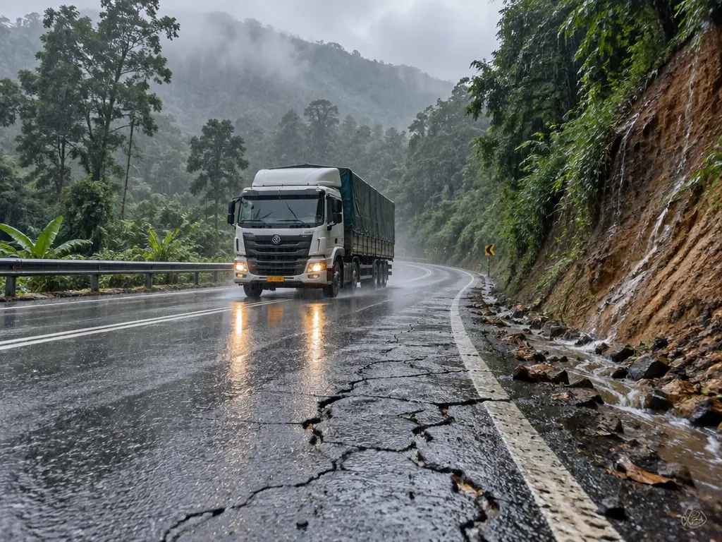 示意图:雨中山路有重型罗厘经过,路肩旁路面可见裂缝