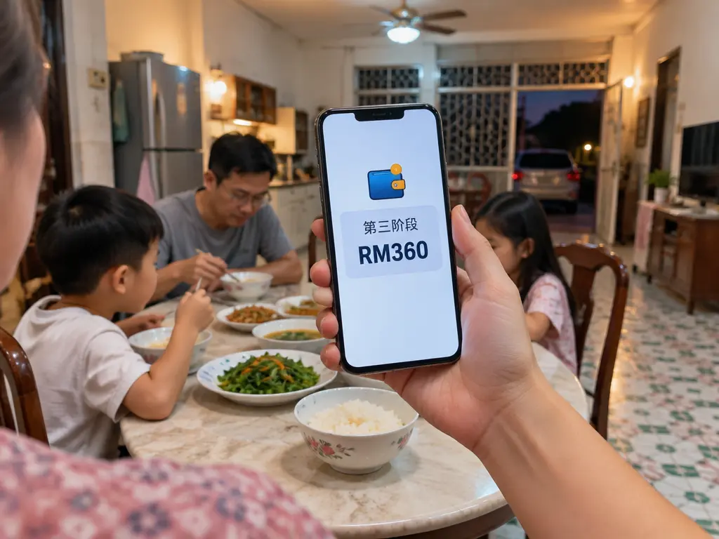 砂拉越家庭在家中查看电子钱包资料卡示意画面,显示第三阶段RM360