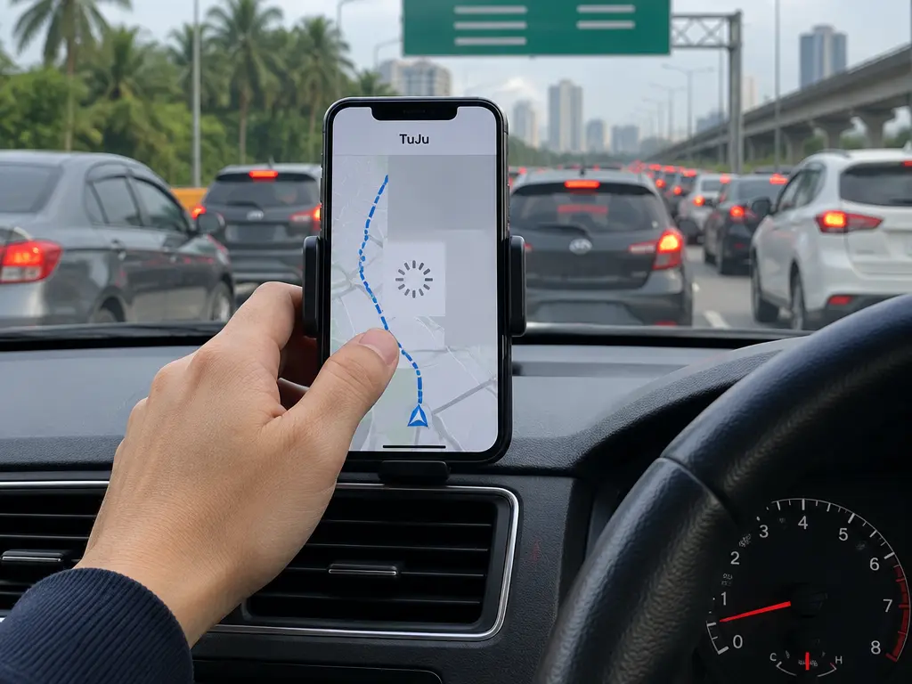 示意图:驾驶者在大道塞车时,手机上的本地导航地图路线中断、加载卡住