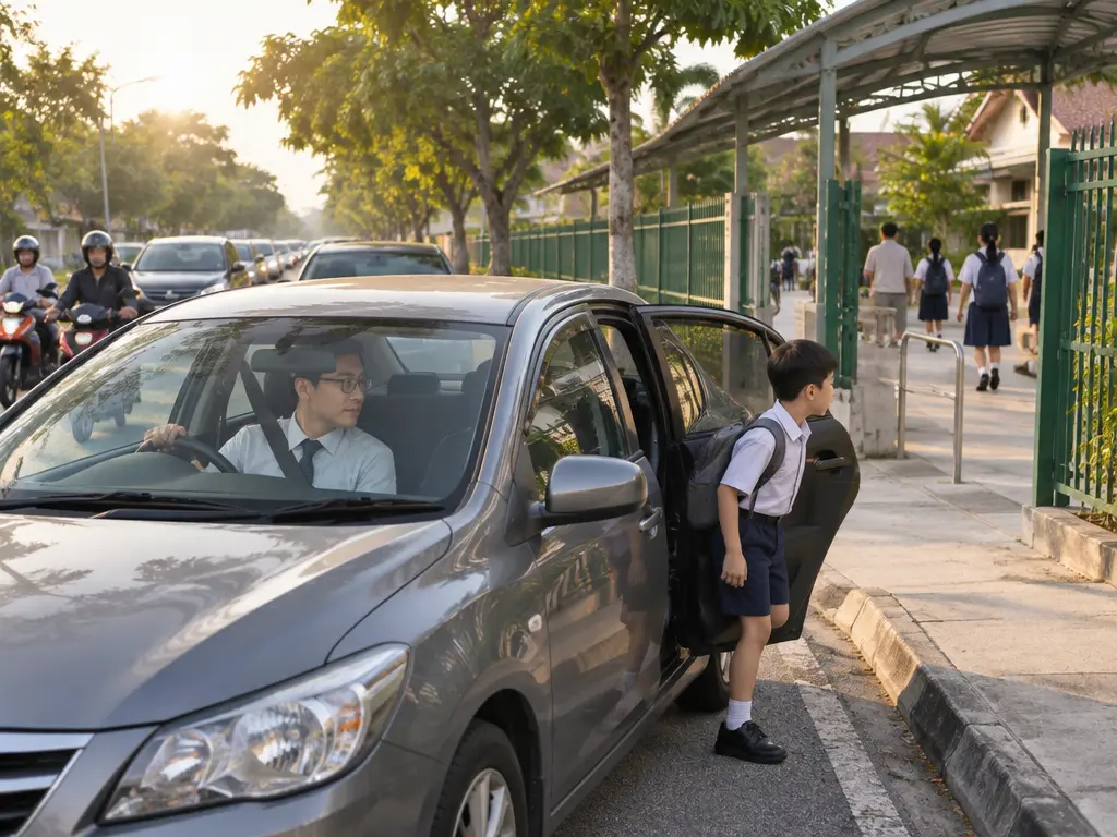 示意图:家长早上开车送孩子上学后赶去上班