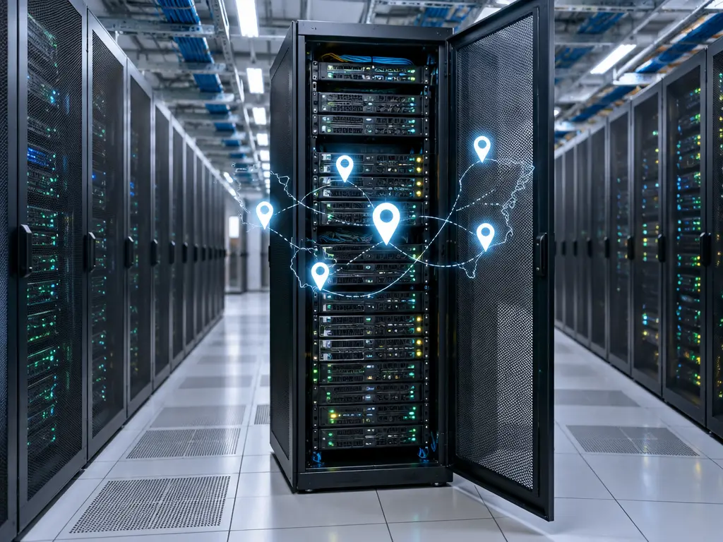 示意图：数据中心服务器机架，象征行踪资料的储存与掌控问题