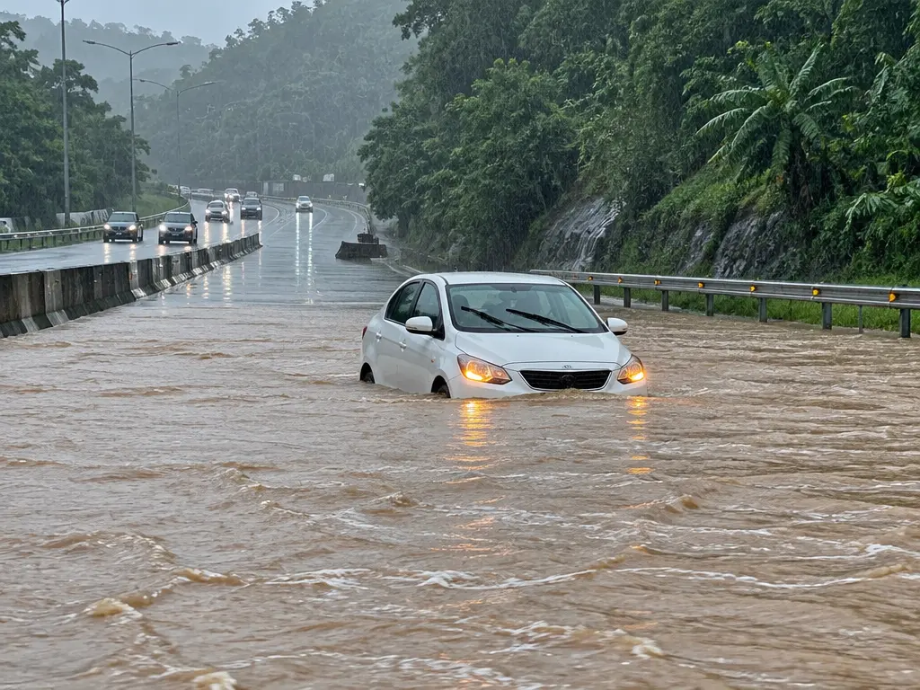 示意图：一辆汽车闯进大道积水后卡在水中，大雨持续落下