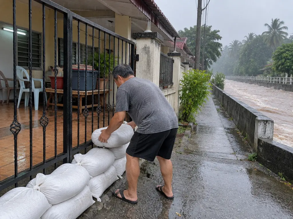 示意图：住在河边低洼地区的居民在家门口堆放沙包防洪