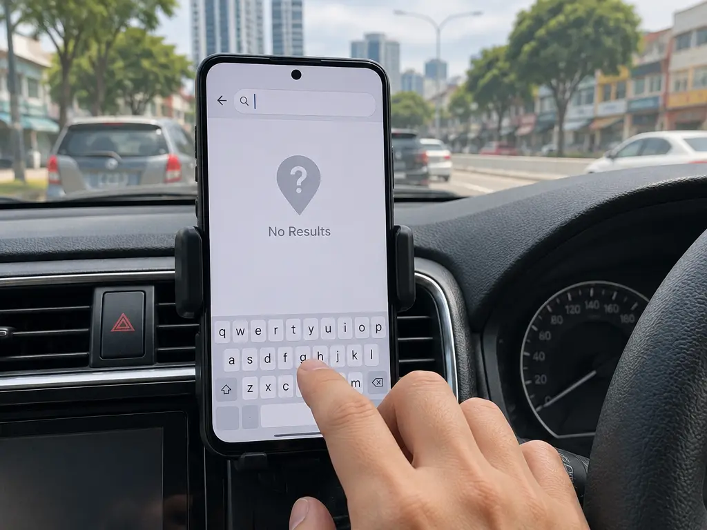 示意图:司机在车上用导航app搜索目的地,屏幕显示找不到结果