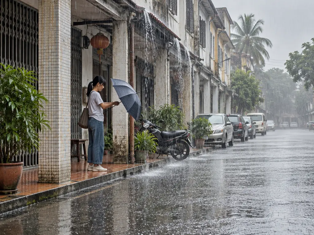 示意图：北马小镇店屋走廊外持续下雨，民众撑伞准备出门