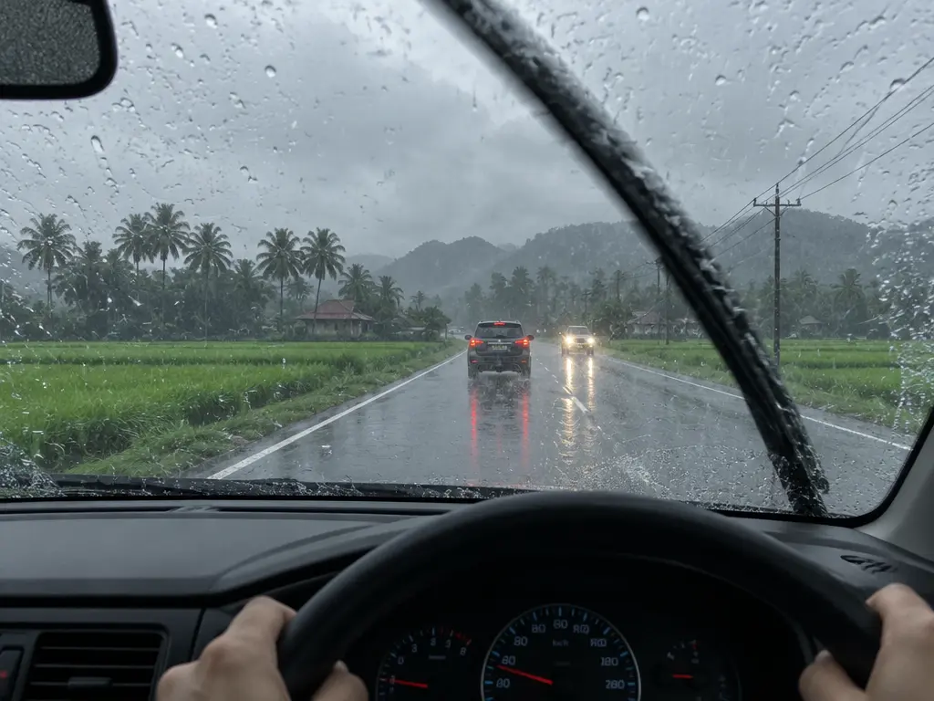 示意图：雨中驾车经过北马稻田公路，挡风玻璃满是雨水