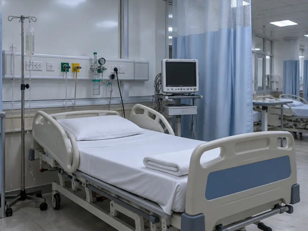 示意图：医院加护病房内的空病床与关机的监测仪
