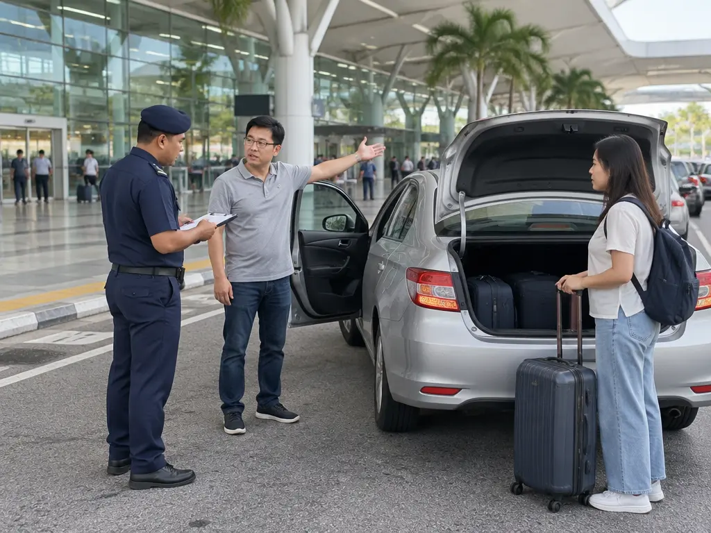 示意图：机场接送区，执法人员向一辆私家车司机问话，旁边旅客正要放行李
