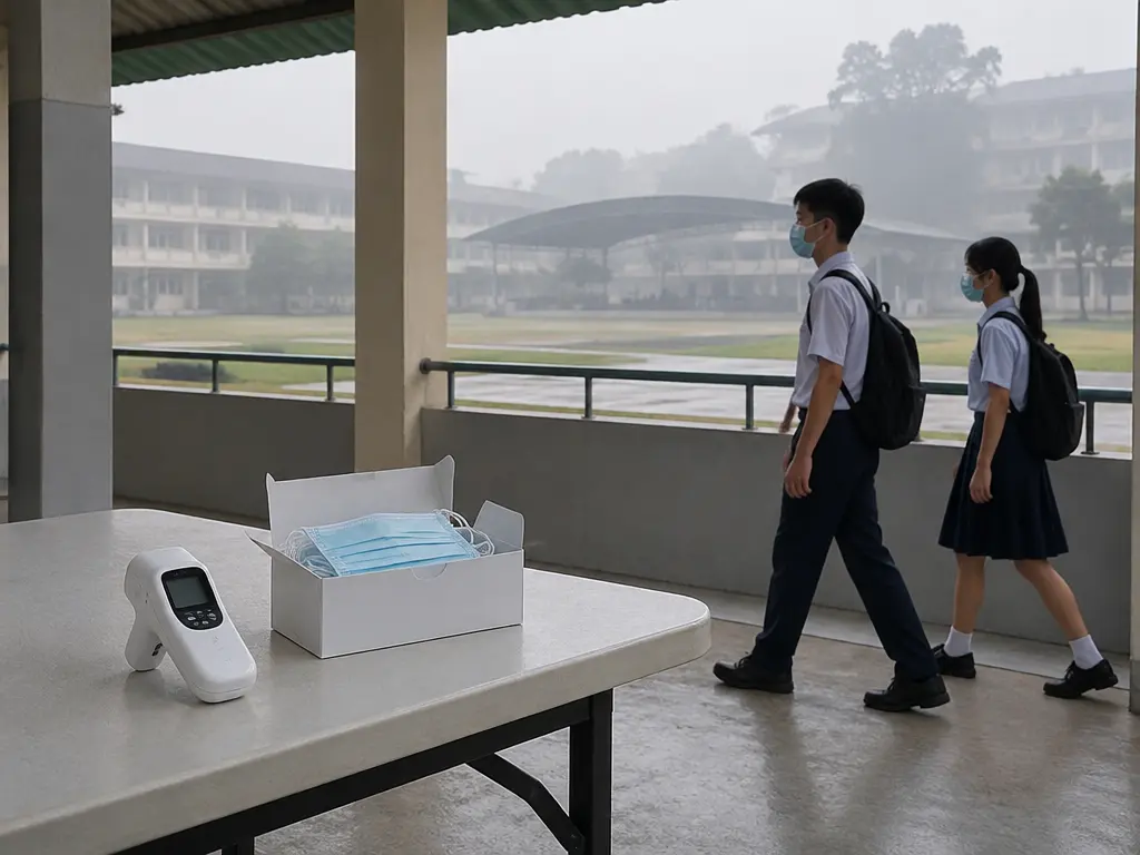 示意图：烟霾笼罩的校园走廊，桌上备有空气监测仪和口罩