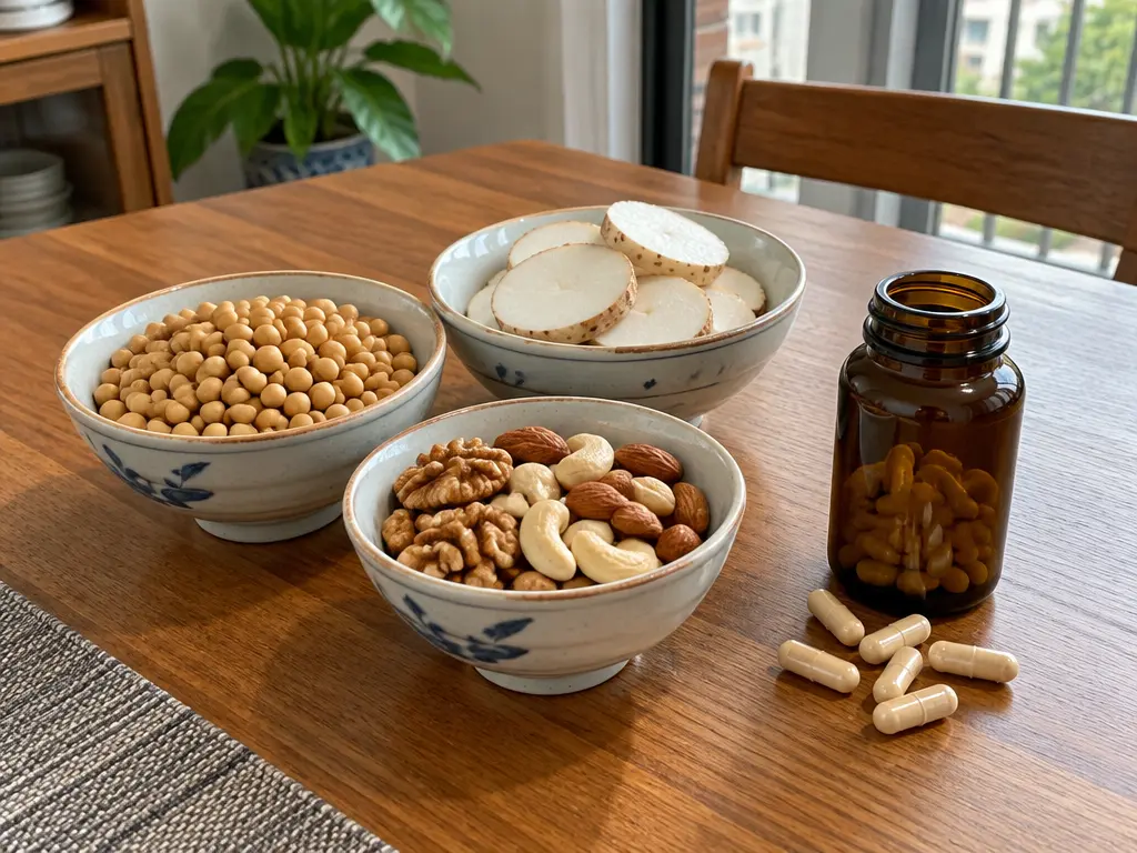 示意图:豆类、山药、坚果等食物,与浓缩萃取胶囊对比