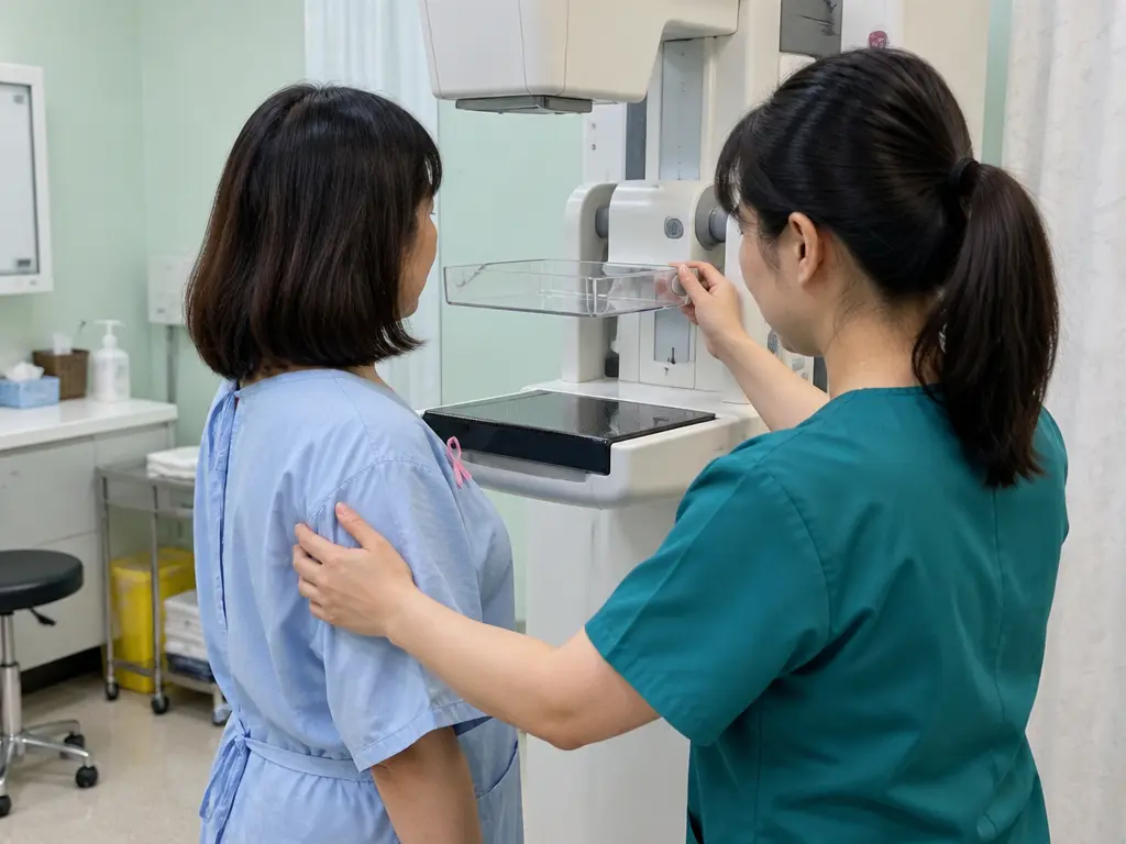 示意图:一名中年女性在诊所接受乳房X光检查,放射技师在一旁调整机器