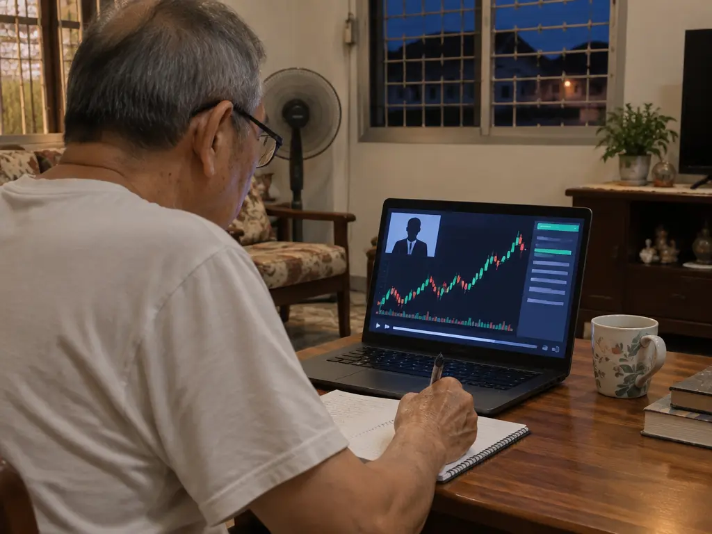 示意图：退休老翁在家中通过电脑参加线上投资课程