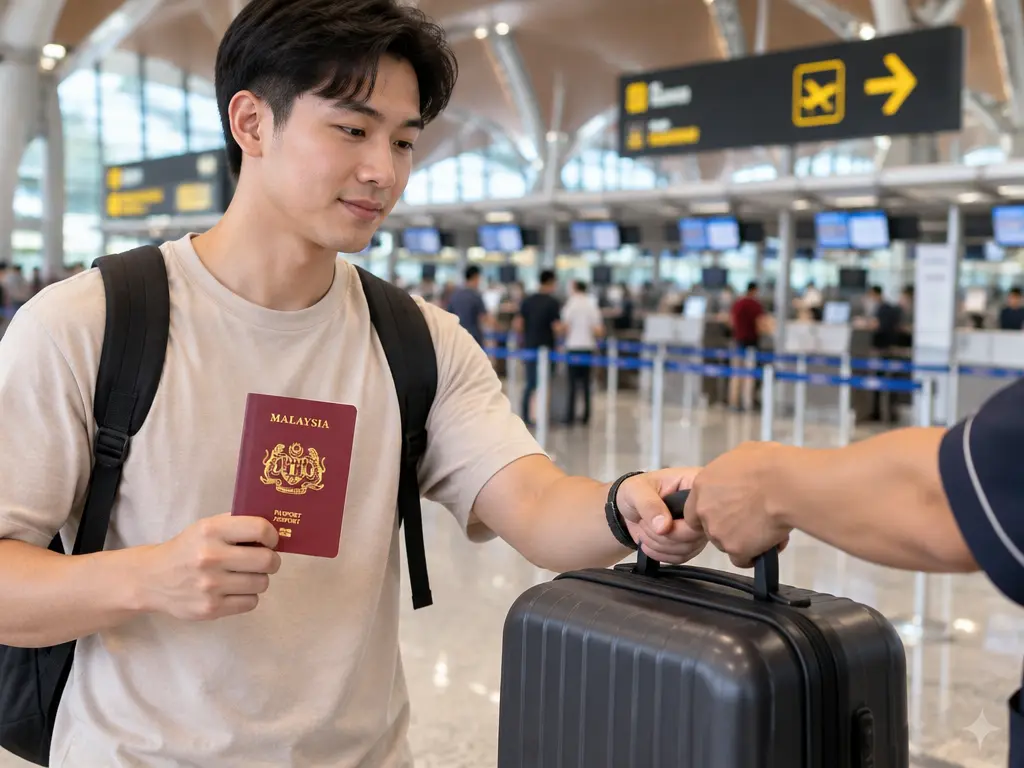 示意图:大马青年在机场出发大厅接过别人递来的行李箱