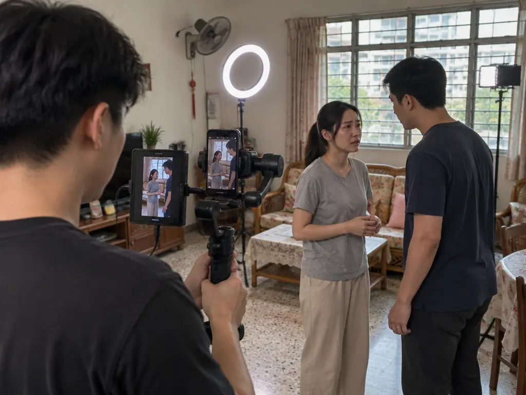 示意图:团队在住家客厅用直式画面拍摄微短剧
