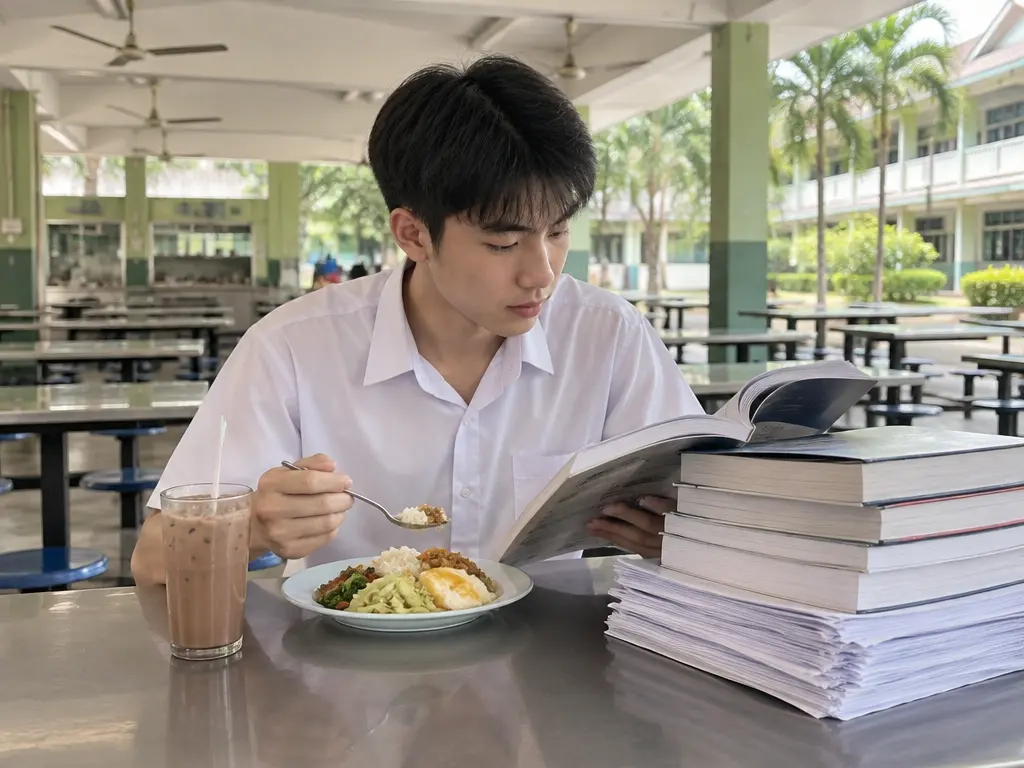 中六生在学校食堂边吃饭边温习，桌上放着厚厚的参考书与笔记（示意图）