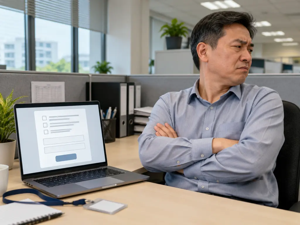 示意图:员工双手交叉、转身不理电脑上的出勤表格