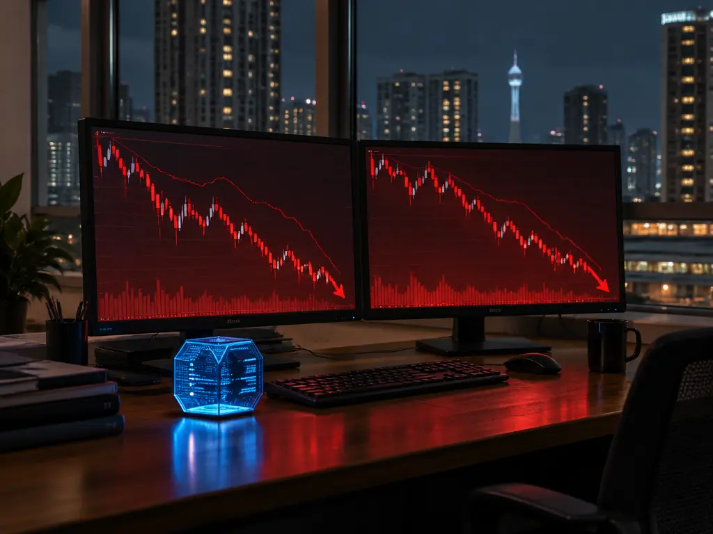 示意图:交易屏幕上的红色K线图大幅下跌