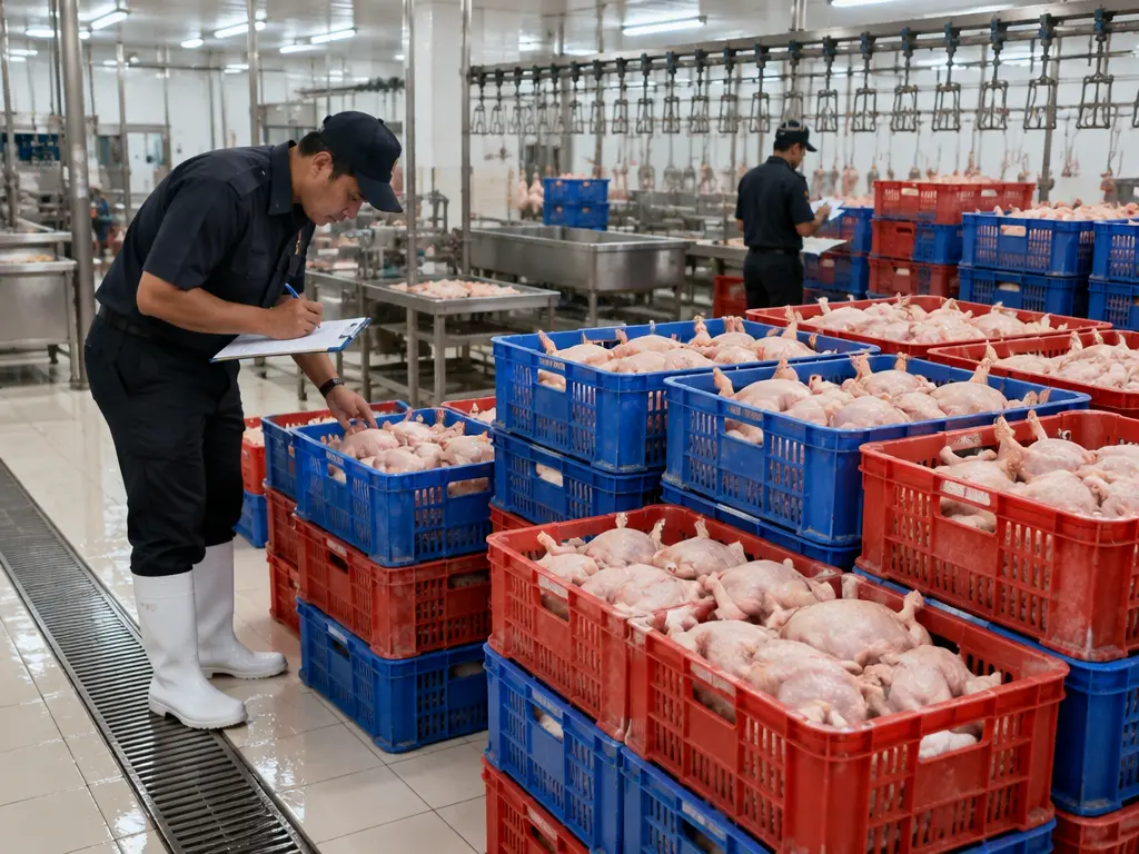 示意图：执法人员在宰鸡加工场检查一箱箱生鸡