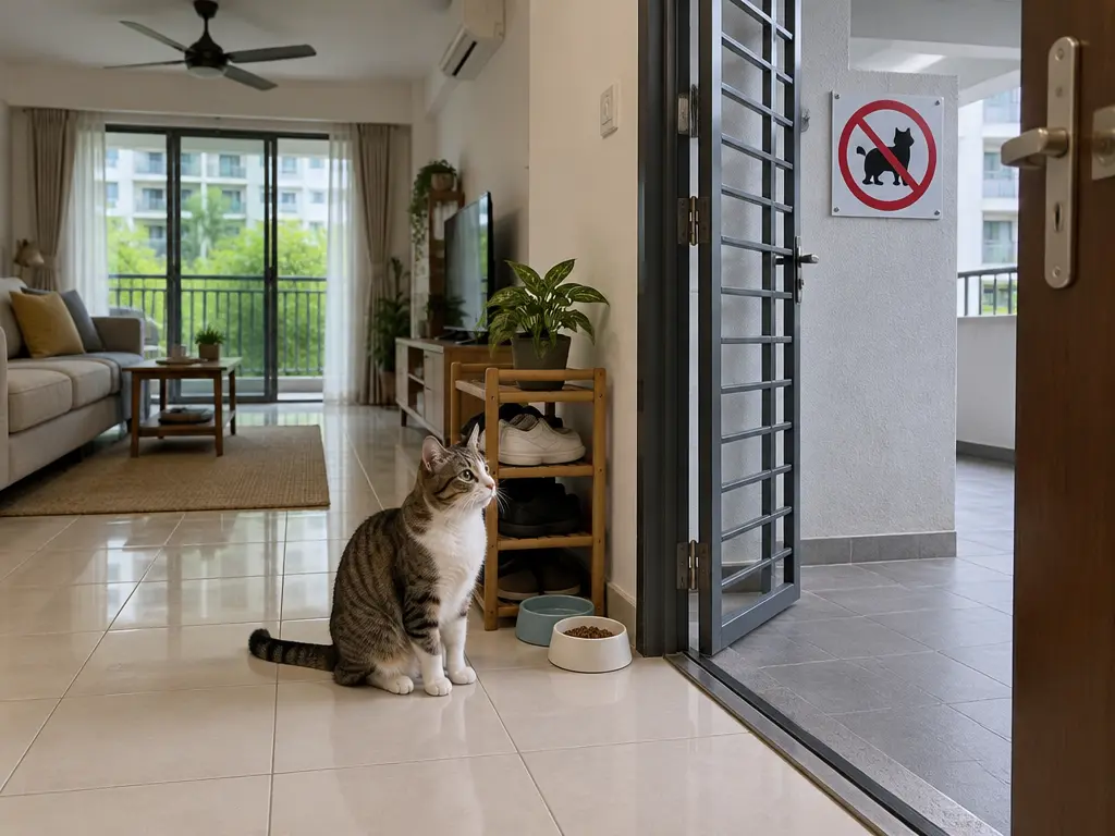 示意图:公寓单位内的猫咪,门外走廊挂着禁养宠物图示