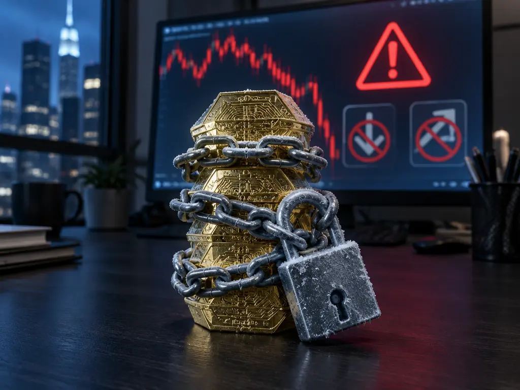 示意图:被铁链和锁头锁住的数字代币,背景屏幕显示安全警告及暂停的存提款图示