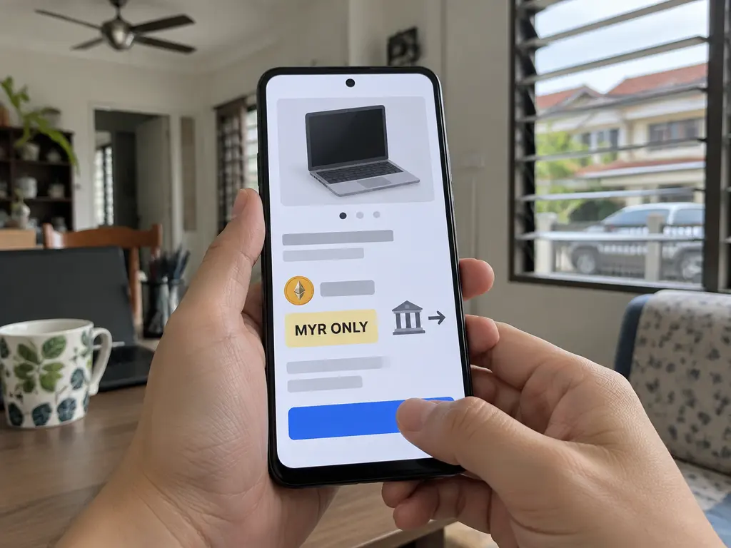 示意图:手机上的虚构P2P交易广告卡片写着MYR ONLY,并附银行转账图示