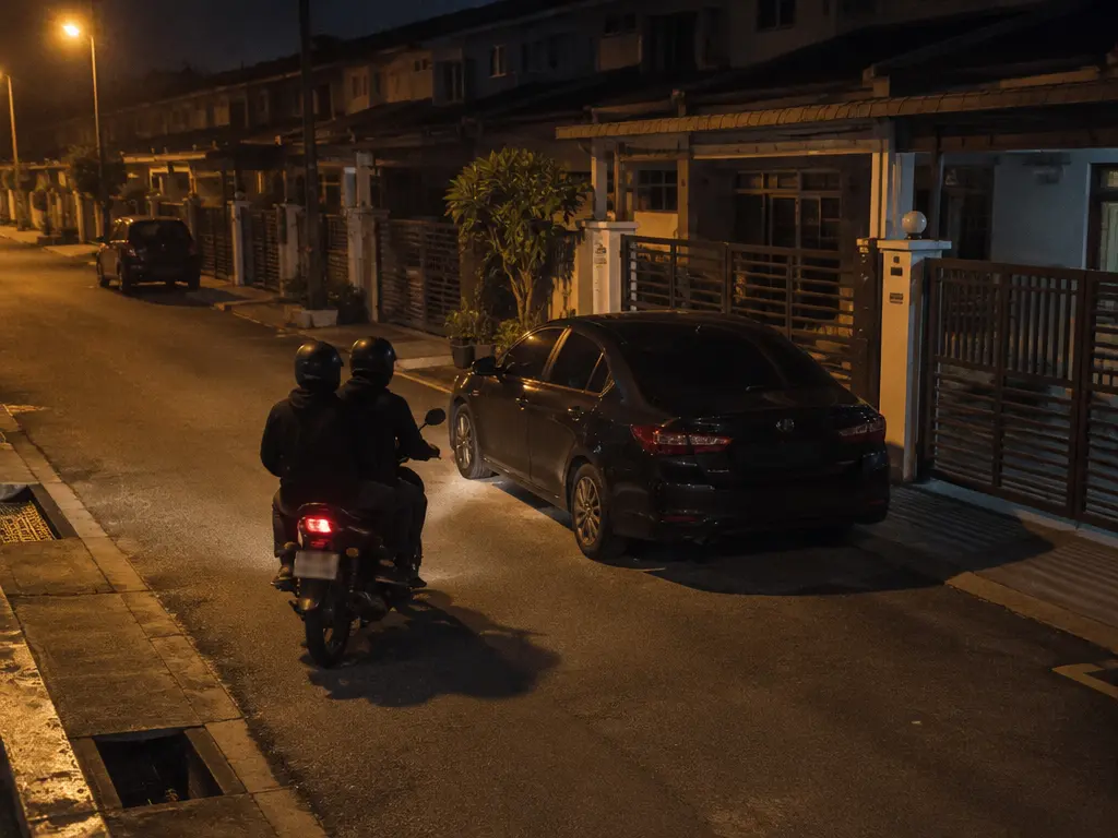 示意图：深夜住宅区里，两人骑摩托车接近停在屋外的车