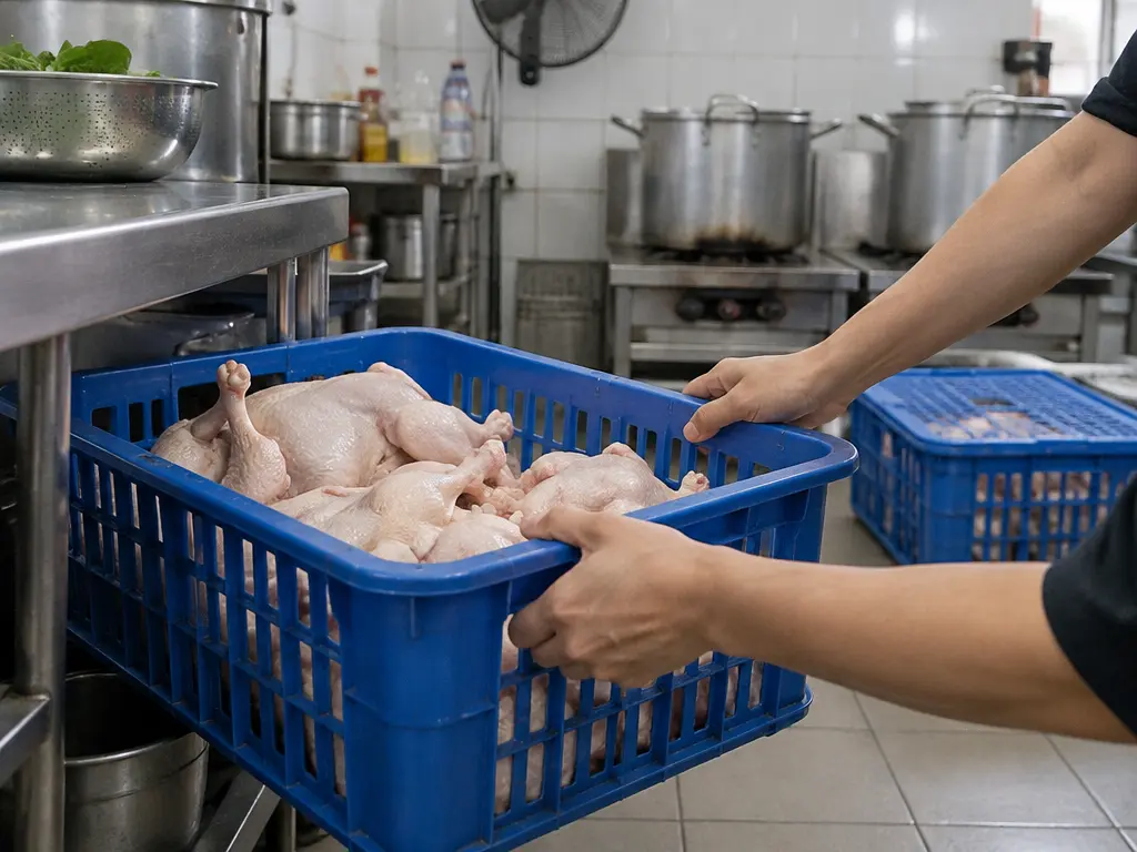 示意图:餐厅厨房里,工作人员把一箱生鸡推到一旁暂停使用