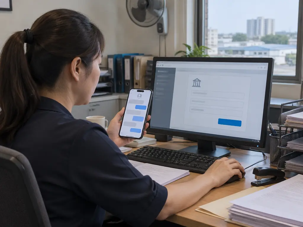 示意图:女职员一手拿着显示短信对话的手机,一手在电脑上确认转账