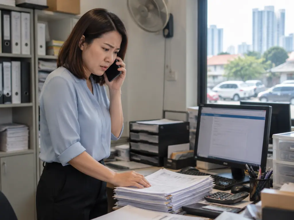 示意图:女职员拿起手机拨打电话,神情紧张,桌上放着付款文件
