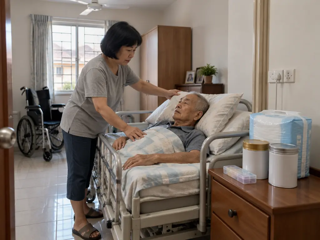 示意图:家属在住家卧室照顾卧床长者,床边放着成人尿片和营养奶粉