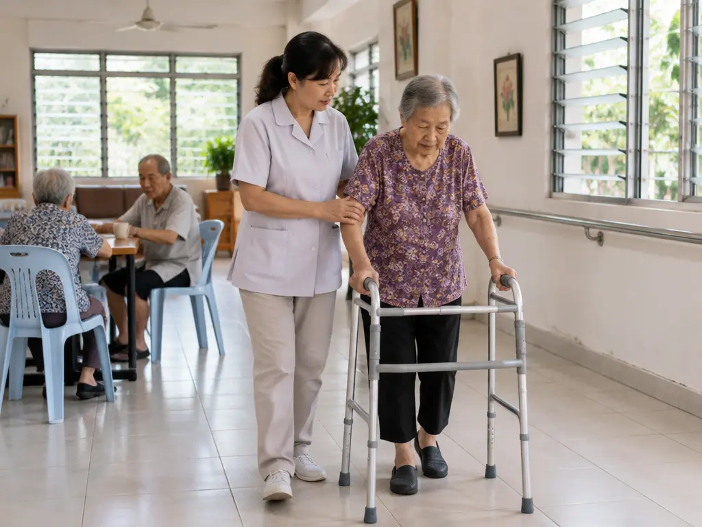 示意图:乐龄照护中心职员扶着使用助行架的长者行走