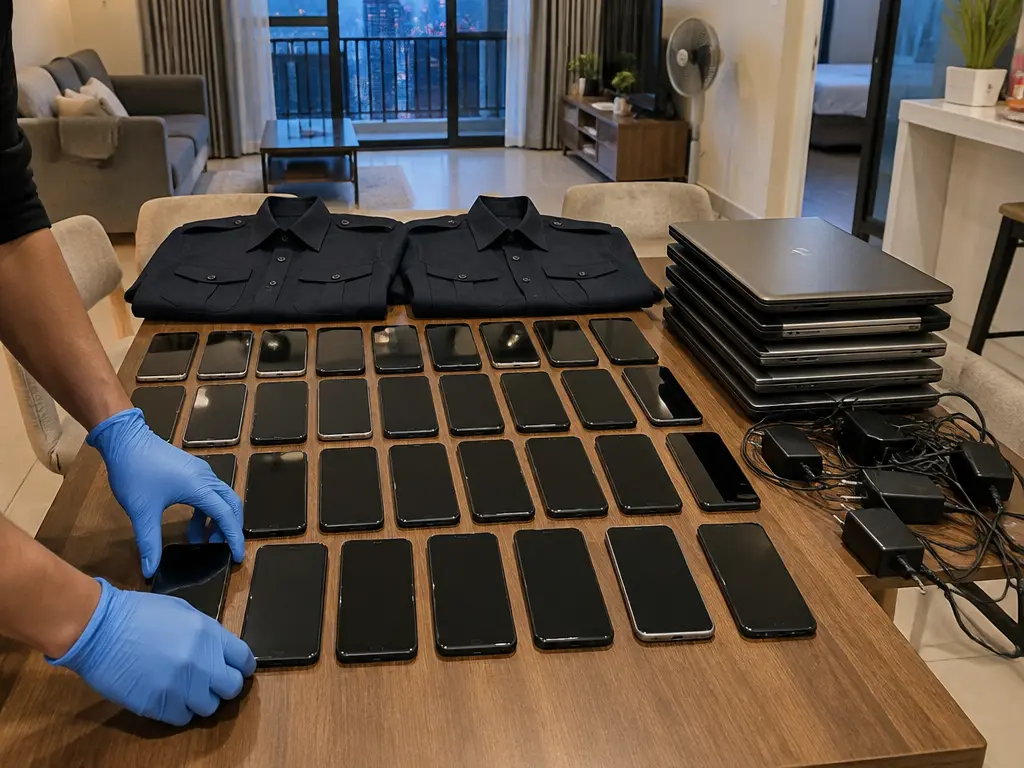 示意图:公寓桌上摆放警察制服、大量手机和手提电脑