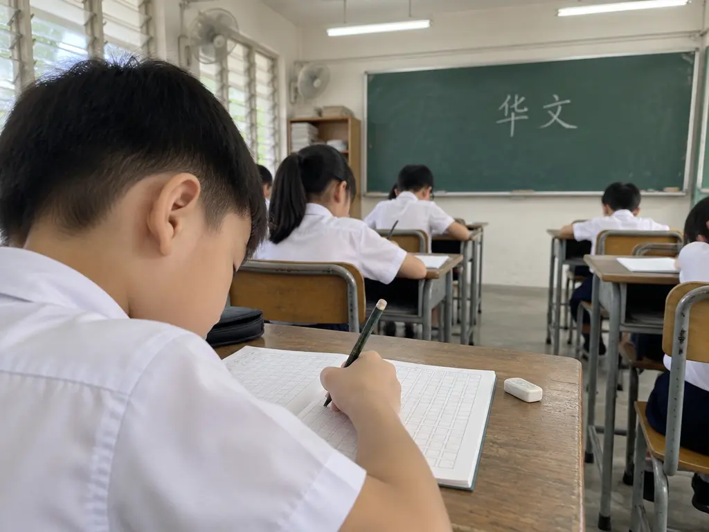 示意图：华小课室里，学生在田字格簿上练写华文，黑板写着「华文」