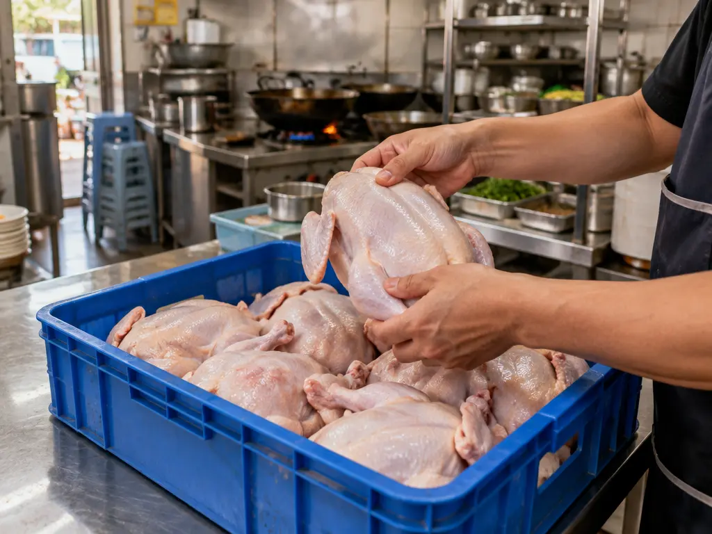 示意图:餐馆后厨检查刚送到的生鸡肉
