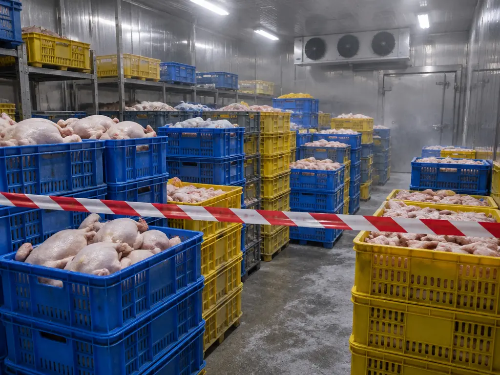 示意图:冷藏室内堆放大量生鸡肉