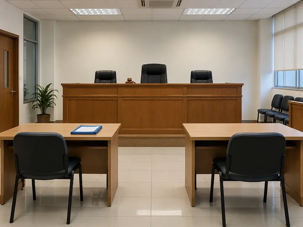 示意:消费人仲裁庭的聆讯室,前方是审理席,下方设有申索双方桌椅
