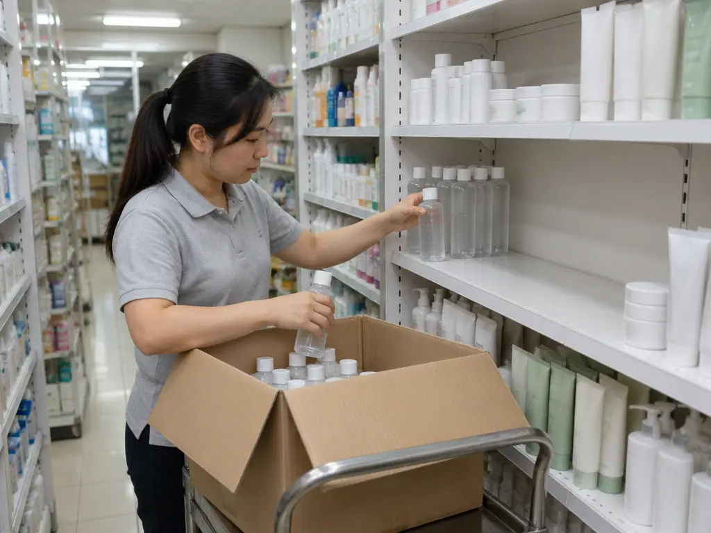 示意图:店员把爽肤水从货架撤下装箱
